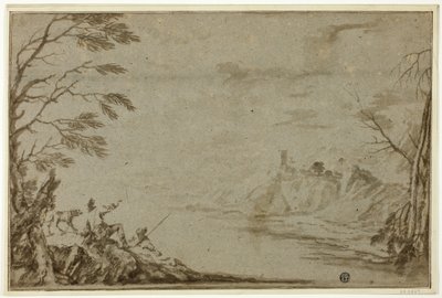 Chasseurs avec chien au bord d