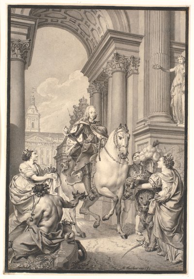 Travail préparatoire pour la peinture : Le Danemark et la Norvège rendent hommage à Chr. VI (brûlé avec Christiansborg en 1794) - Marcus Tuscher