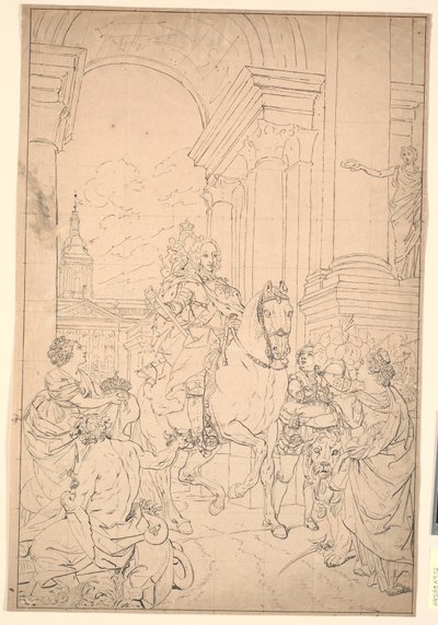 Esquisse pour le tableau : Le Danemark et la Norvège rendent hommage à Chr. VI (brûlé avec Christiansborg en 1794) - Marcus Tuscher