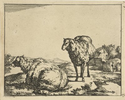 Mouton debout et couché avec ferme en arrière-plan (Schapen) - Marcus de Bye
