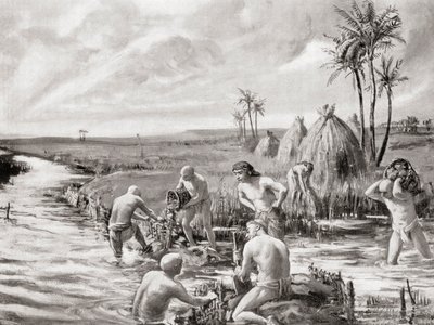 Les premiers colons en Babylonie assèchent les marais en construisant un barrage, tiré de Hutchinson