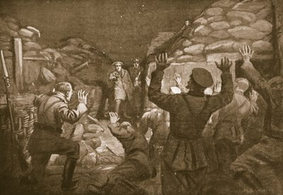Un officier allemand et quatorze de ses hommes implorent la pitié du lieutenant Leach (lithographie). - Margaret Dovaston