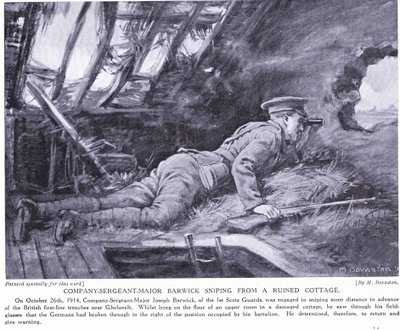 Sergent-major de compagnie Barwick tirant des coups de feu depuis un chalet en ruine à Ghehuvelt, octobre 1914 (litho) - Margaret Dovaston