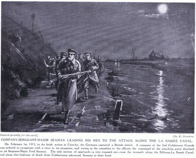 Le sergent major de la compagnie Seaman conduisant ses hommes le long du canal de La Basse en février 1915 (litho) - Margaret Dovaston