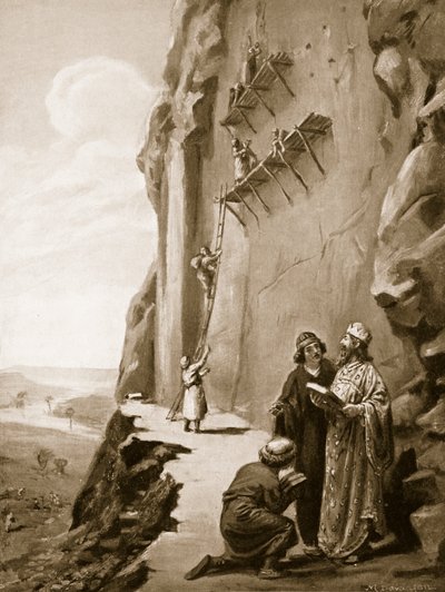 Darius supervisant son inscription à Behistun, illustration tirée de "Hutchinson