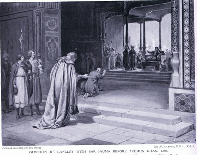 Geoffrey de Langley avec Bar Sauma devant Arghun Khan 1288AD (litho) - Margaret Dovaston