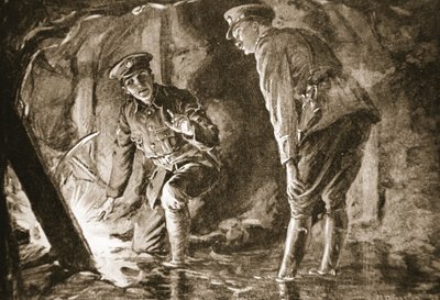 Le caporal-chef Evason et un officier écoutant les Allemands dans une contre-mine (litho) - Margaret Dovaston