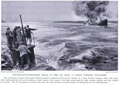 Le capitaine de corvette Boyle, à bord du E14, coule un gros transport turc en 1915 (lithographie). - Margaret Dovaston