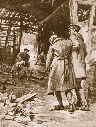 Le soldat J.S. Kerr prodiguant les premiers soins aux blessés dans une ferme lourdement bombardée (litho) - Margaret Dovaston