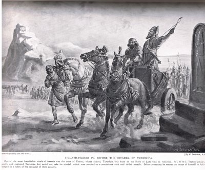 Tiglath-Pileser IV devant la citadelle de Turushpa, illustration tirée de "Hutchinson