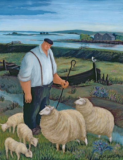Berger avec moutons dans un paysage fluvial - Margaret Loxton