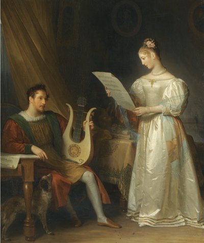 Intérieur avec un homme tenant une lyre et une femme avec une partition musicale - Marguerite Gerard