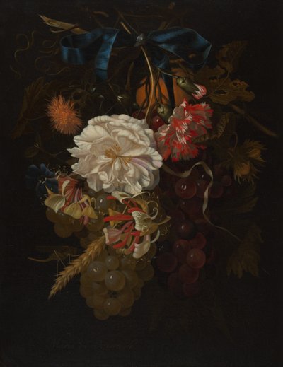 Bouquet de fleurs et de fruits avec ruban bleu - Maria van Oosterwijck