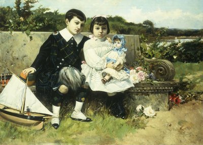 Deux enfants assis sur un banc de parc, 1882 - Mariano Barbasan Lagueruela