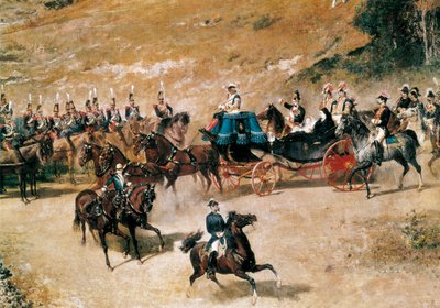 La reine María Cristina et sa fille, Isabel II, passant en revue les batteries d