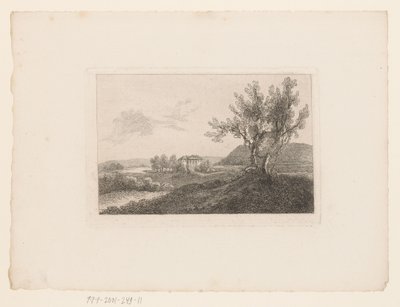 Paysage avec une villa au loin et un banc de jardin près de deux arbres au premier plan (Mes premières tentatives de gravure : une série de 28 feuilles) - Marie Anna Fischer