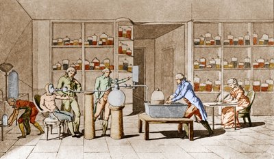 Antoine Laurent de Lavoisier (1743-1794), chimiste français, fait une expérience sur la respiration de l