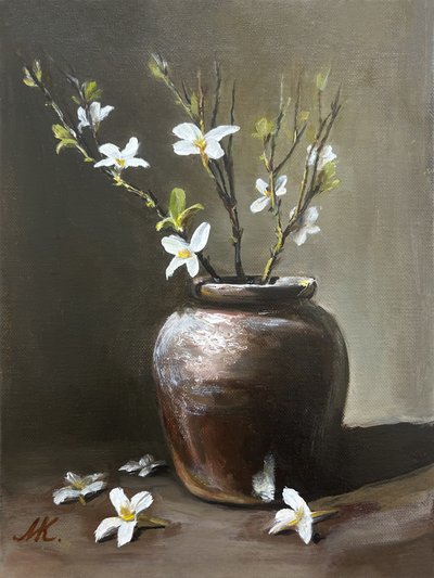 Vase rustique aux fleurs blanches - Marina Kozyr