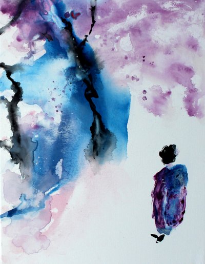 Femme sereine sous les cerisiers en fleurs - Marina Nelson