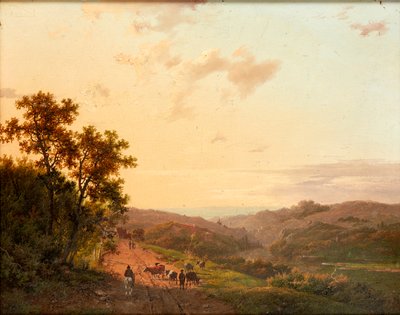 Bergers et leur bétail sur un chemin de campagne, avec paysage lointain - Marinus Adrianus Koekkoek