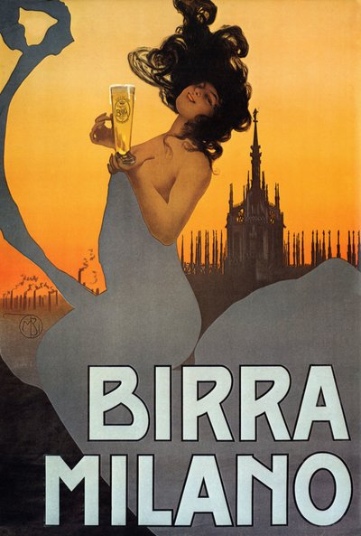 Affiche publicitaire pour Birra Milano, Italie, vers 1900 - Mario Borgoni