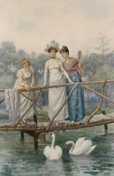 Jeunes femmes nourrissant des cygnes - Mario Spinetti