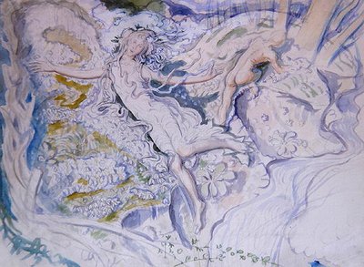 Fée flottant avec un jeune homme nu en arrière-plan - Mark Lancelot Symons