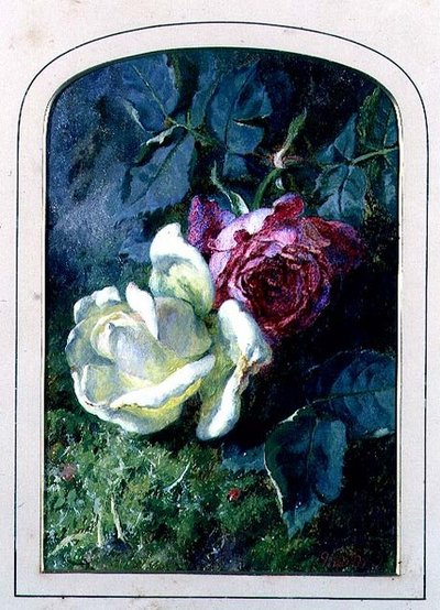 Roses et une coccinelle sur une berge mousseuse - Martha Darley Mutrie