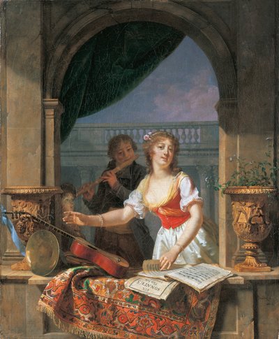 Une Jeune Femme Atteignant une Guitare à une Fenêtre en Pierre et un Garçon Jouant de la Flûte au-delà, 1796-97 - Martin Drölling