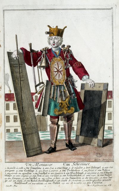 Métier : Un charpentier. Gravure de Martin Engelbrecht (1684-1756), dans "Nouvelle assemblée des manœuvres habillés" XVIIIe siècle, Allemagne. Paris, Arts décoratifs - Martin Engelbrecht