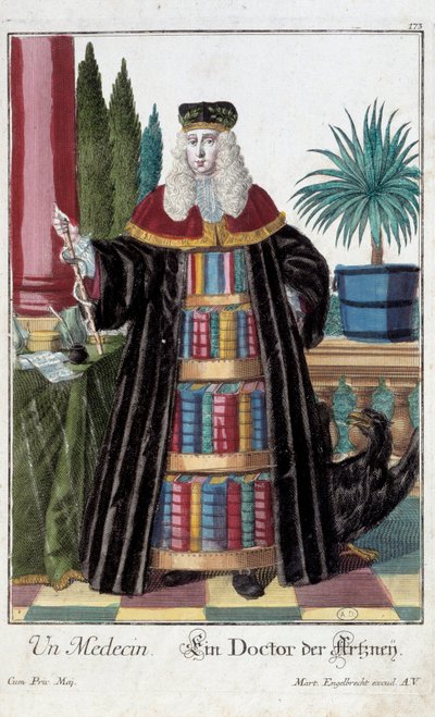 Métier : Un docteur. Gravure de Martin Engelbrecht dans "Nouvelle assemblée des manouvriers habillés" 18ème siècle, Allemagne. Paris, Arts décoratifs - Martin Engelbrecht