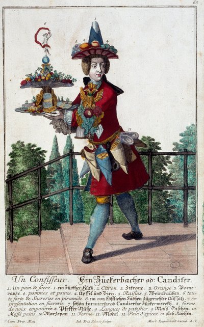Le confiseur : un jeune homme tenant un plateau de bonbons et de confiseries. Gravure de Martin Engelbrecht (1684-1756) 18ème siècle. Paris, Arts décoratifs - Martin Engelbrecht
