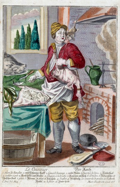 Le cuisinier. Gravure par Martin Engelbrecht (1684-1756), dans « Nouvelle assemblée des manœuvres habillées » 18e siècle, Allemagne. Paris, Arts décoratifs - Martin Engelbrecht