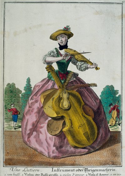 Une luthière, luthiste avec alto, violoncelle et violon, par Martin Engelbrecht (1684-1756), impression en couleur, France - Martin Engelbrecht