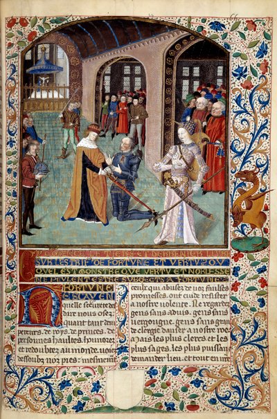 Allégorie de la Vertu : vassal rendant hommage à son seigneur en présence de la Vertu. Miniature du L