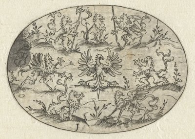 Ovale avec aigle entouré de lions et de créatures fantastiques - Martin Pleginck
