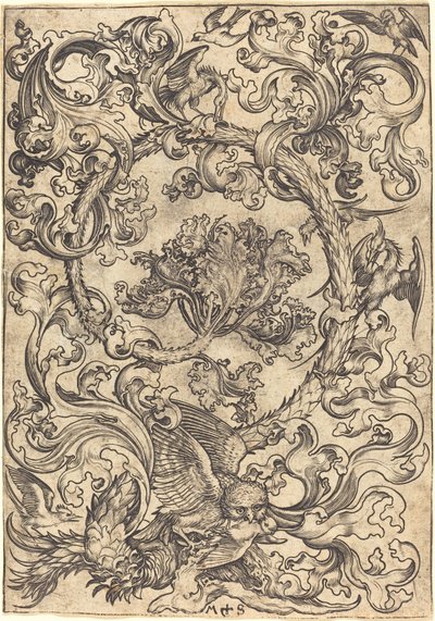Ornement avec hibou moqué par les oiseaux diurnes - Martin Schongauer