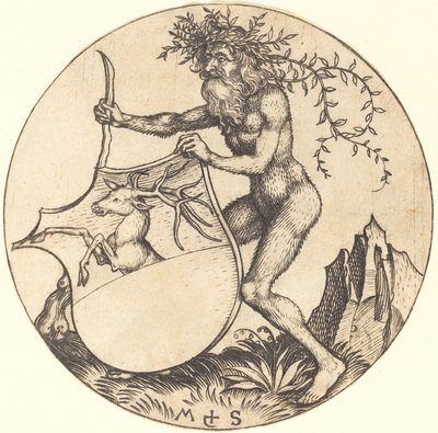 Bouclier avec cerf, tenu par un homme sauvage - Martin Schongauer