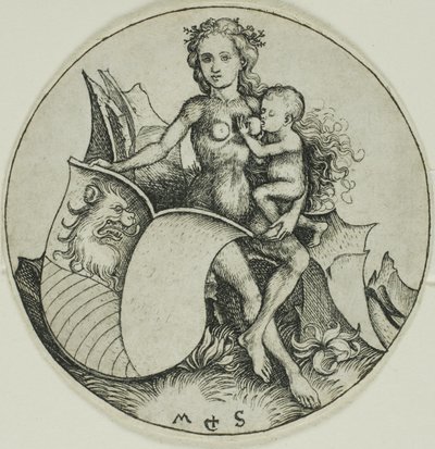 Bouclier à tête de lion, tenu par une femme sauvage - Martin Schongauer