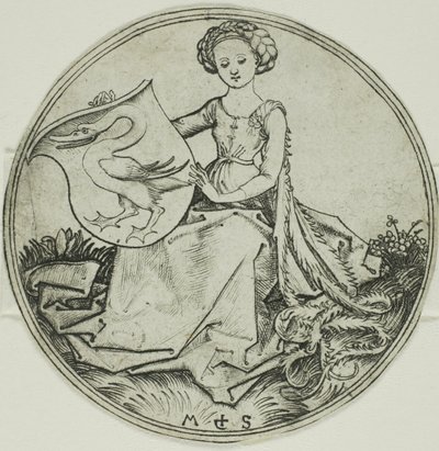 Écu avec un cygne, tenu par une dame assise - Martin Schongauer