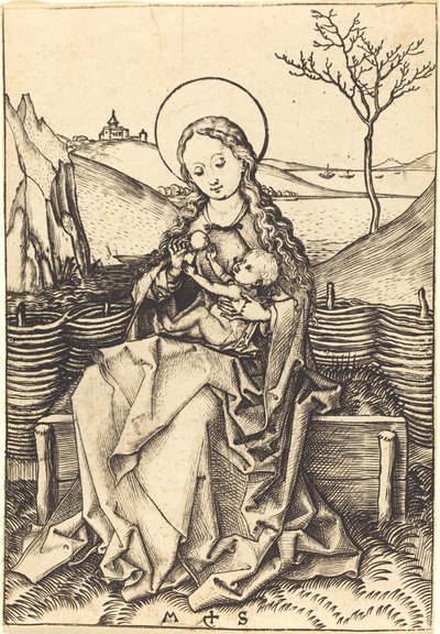 Vierge et enfant sur un banc herbeux - Martin Schongauer
