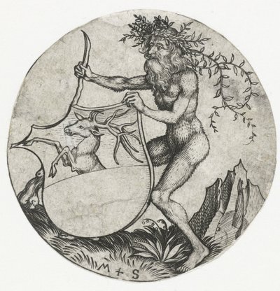 Blason avec un cerf, tenu par un homme sauvage avec une massue - Martin Schongauer
