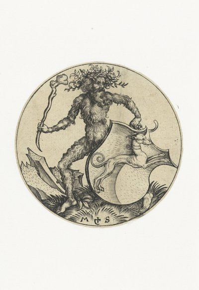 Blason avec un chien, tenu par un homme sauvage avec une massue - Martin Schongauer