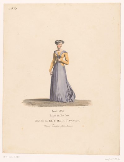 Costume de Marie Marcel de la tragédie Marcel (série: Costumes de théâtre, Théâtre Français: recueil de costumes par MM. J. Alaux et L. Duponchel d