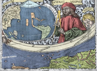 VESPUCCI, Amerigo (1454-1512). Explorateur et cartographe italien dans "Carte de Waldseemüller ou Cosmographia Universalis - (Cosmographie Universelle) - Planisphère de Waldseemüller" - 1507 - Martin Waldseemuller