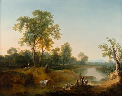 Cavaliers et pêcheurs dans un paysage fluvial - Martin von Molitor