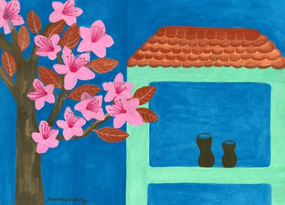 Le prunier en fleurs à la maison vert menthe - Martina Konitzky