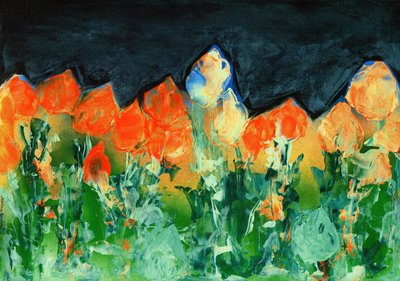 Ciel de pluie noir sur un paysage de montagne avec des fleurs - Martina Konitzky