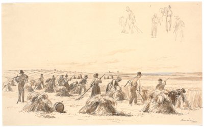Travailleurs des champs. En arrière-plan, moulins et mer - Martinus Rørbye