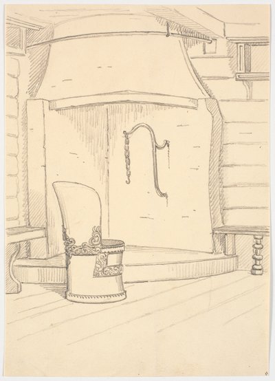 Cheminée et chaise en bois rond avec dossier - Martinus Rørbye
